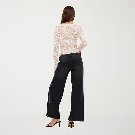 Forever 21 Womens Juniors V Neck Long Sleeve Lace T-Shirt