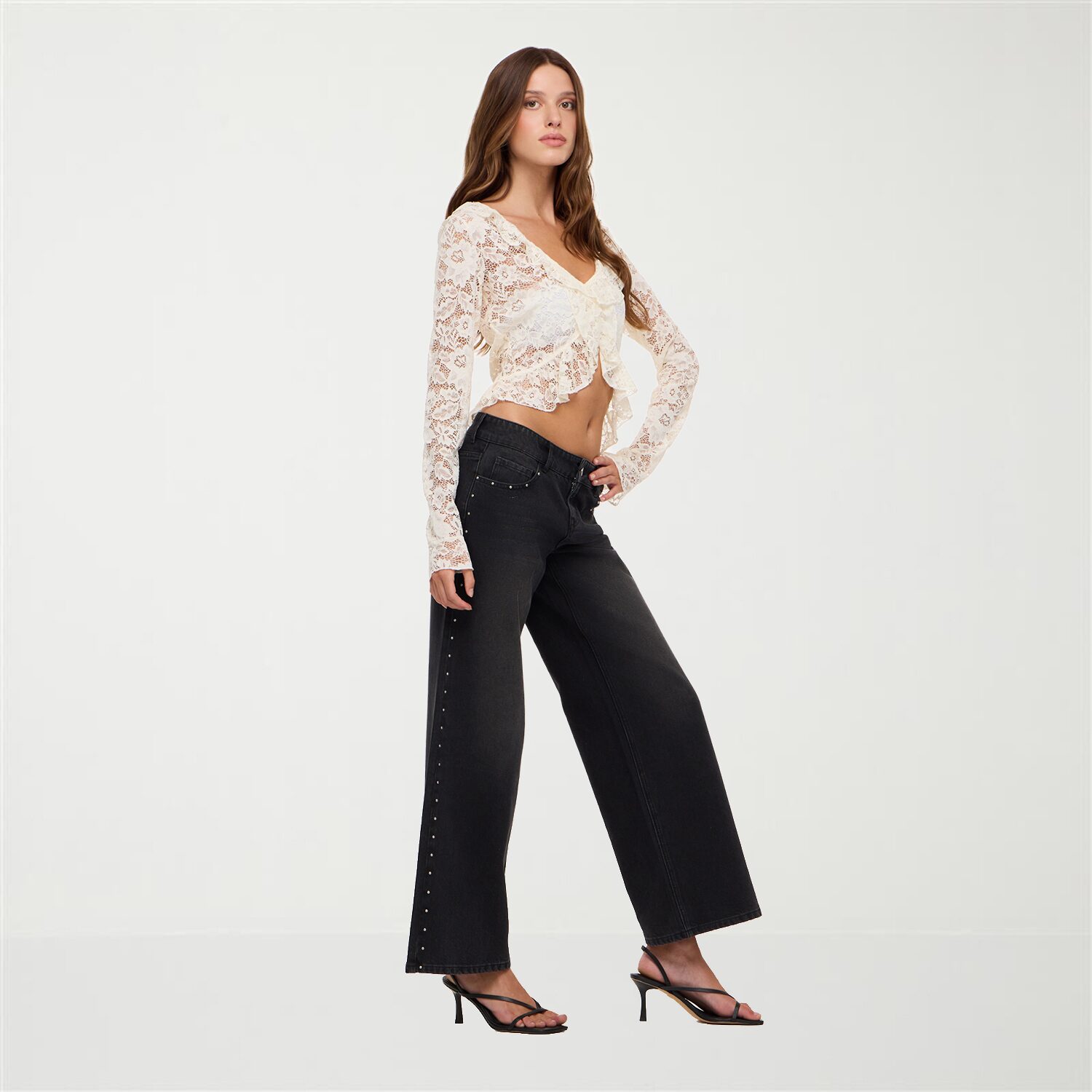 Forever 21 Womens Juniors V Neck Long Sleeve Lace T-Shirt