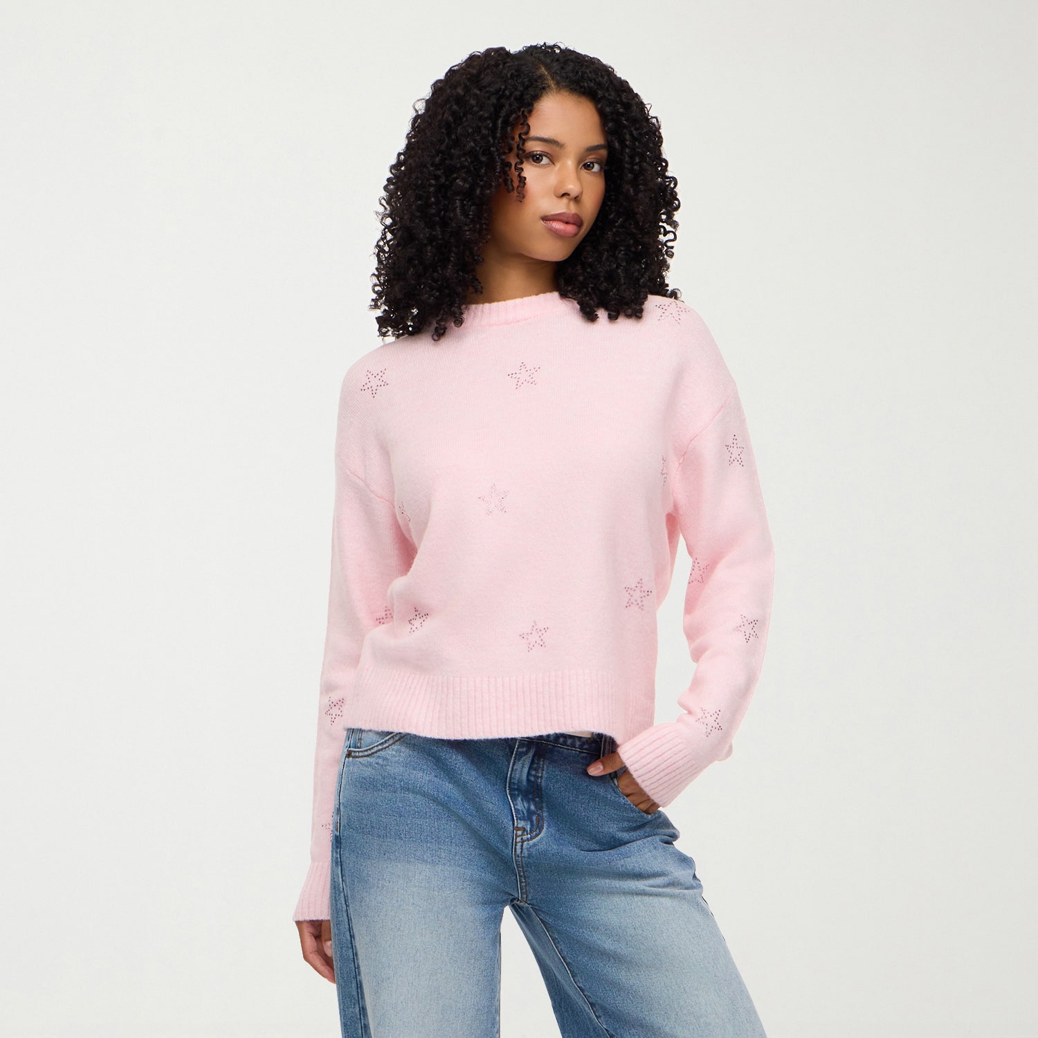 Forever 21 Juniors Womens Round Neck Long Sleeve Star Pullover Sweater