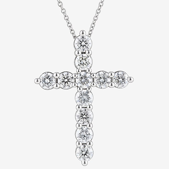 Religious Jewelry (G / Si1-Si2) Womens 3 CT. T.W. Lab Grown White Diamond 10K Gold Cross 18 Inch Pendant Necklace