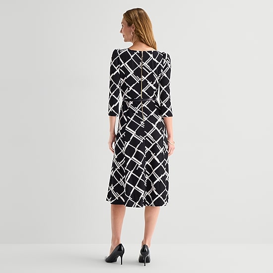 Marc New York Womens Midi Round Neck 3/4 Sleeve Geometric Fit + Flare Dress