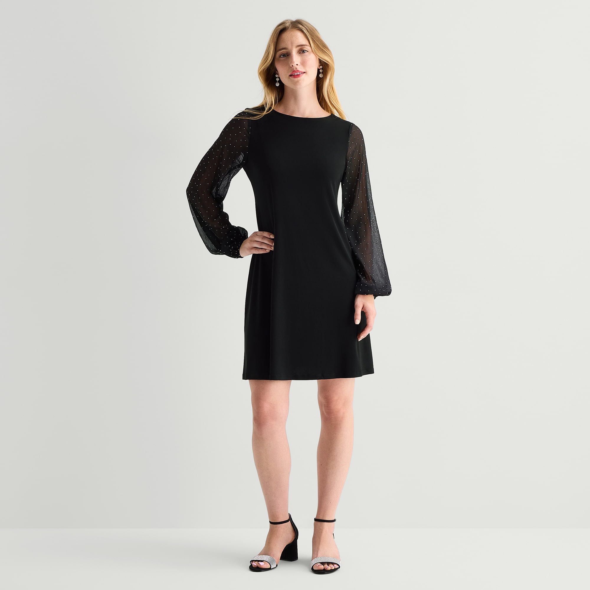 MSK Womens Midi Round Neck Long Sleeve Balloon Fit + Flare Dress