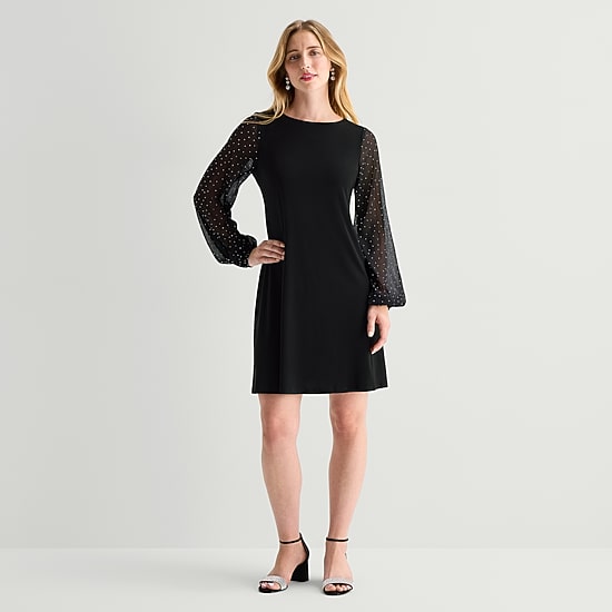 MSK Womens Midi Round Neck Long Sleeve Balloon Fit + Flare Dress