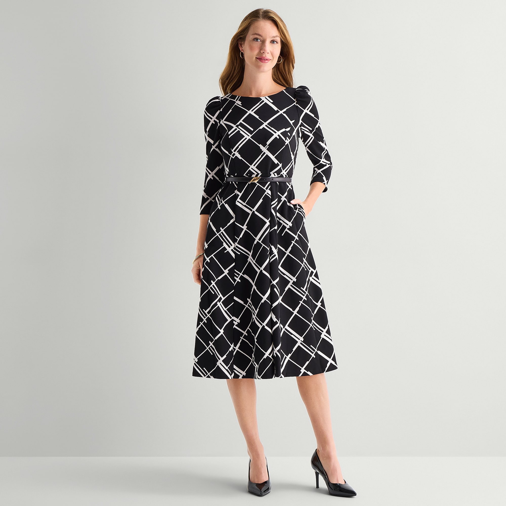 Marc New York Womens Midi Round Neck 3/4 Sleeve Geometric Fit + Flare Dress