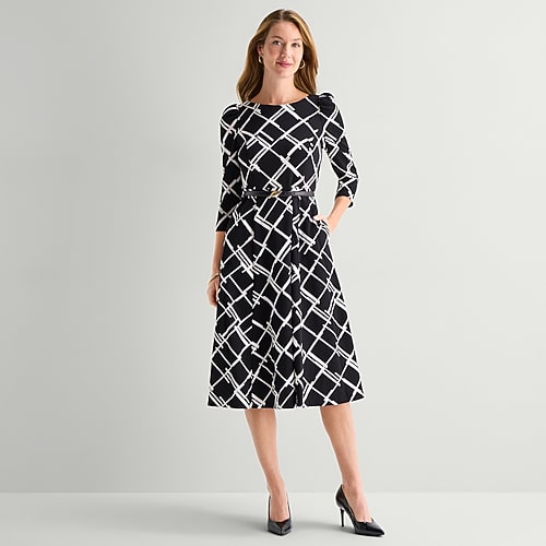 Marc New York Womens Midi Round Neck 3/4 Sleeve Geometric Fit + Flare Dress In Black