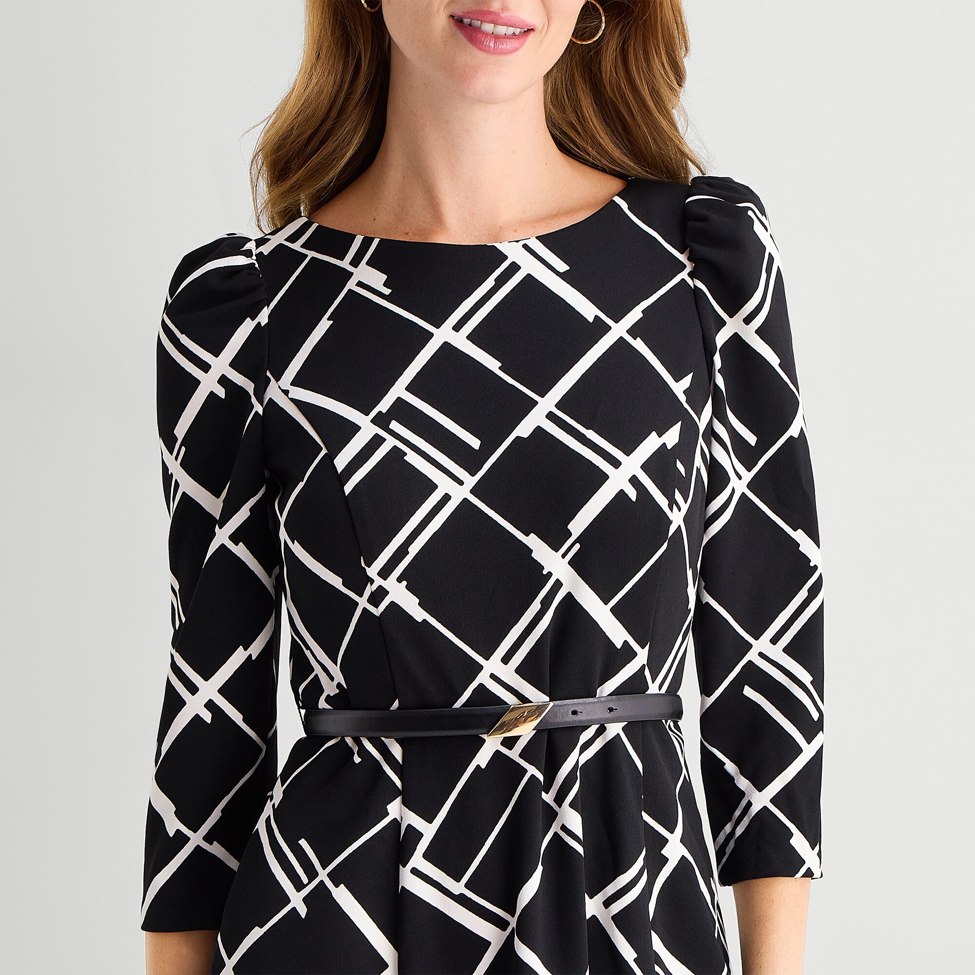 Marc New York Womens Midi Round Neck 3/4 Sleeve Geometric Fit + Flare Dress