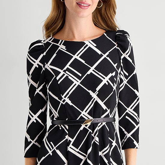 Marc New York Womens Midi Round Neck 3/4 Sleeve Geometric Fit + Flare Dress