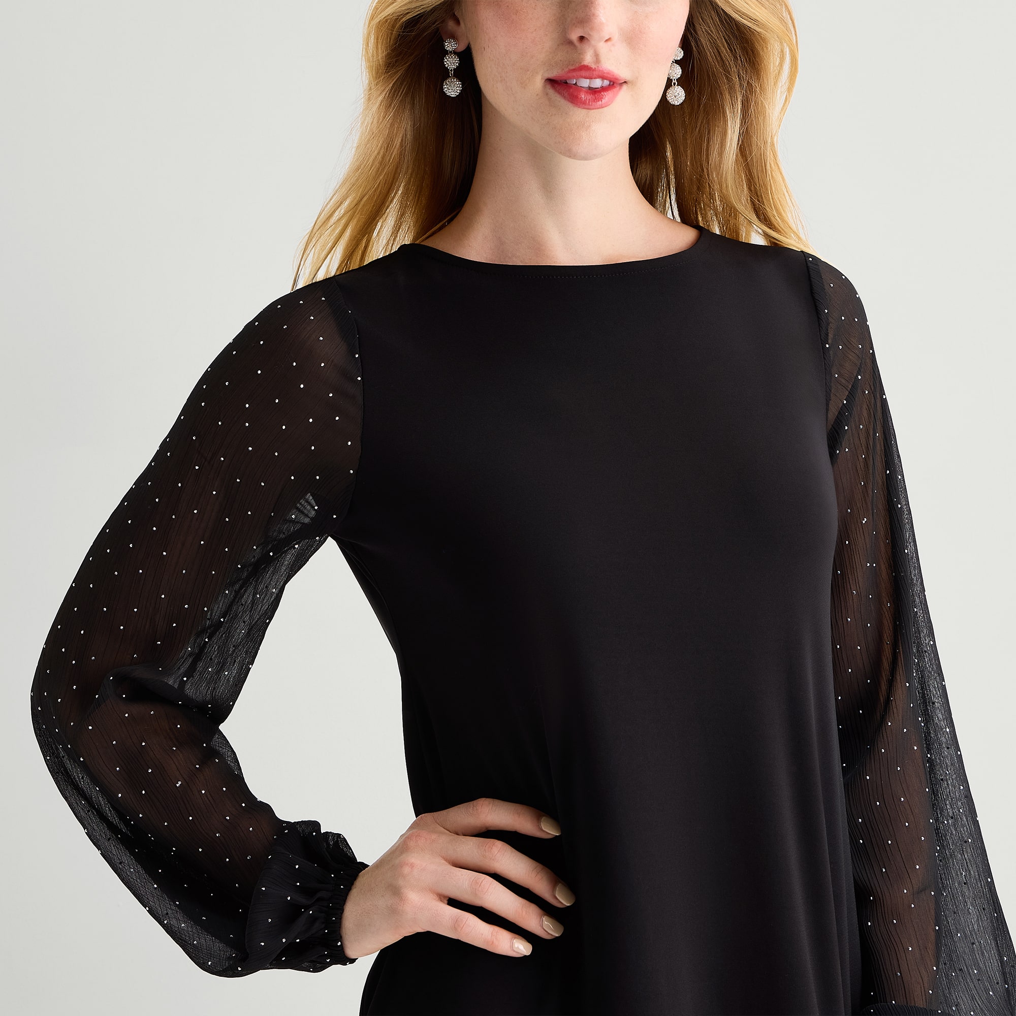 MSK Womens Midi Round Neck Long Sleeve Balloon Fit + Flare Dress