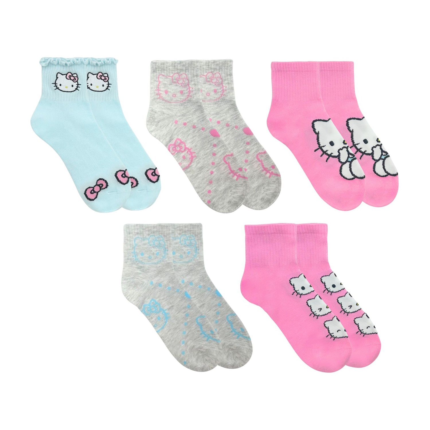 Womens Multi-Pack 5 Pair Hello Kitty Quarter Ankle Socks