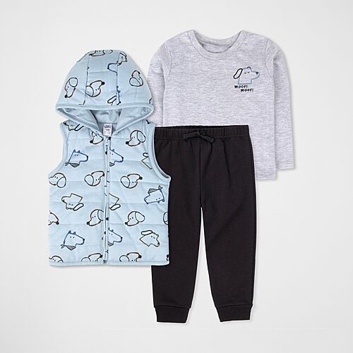 Baby Essentials Baby Boys' Woof Long-Sleeve Dog-Graphic Hooded Tee, Vest and Jogger Pants, 3-Piece Set - Gray and Blue