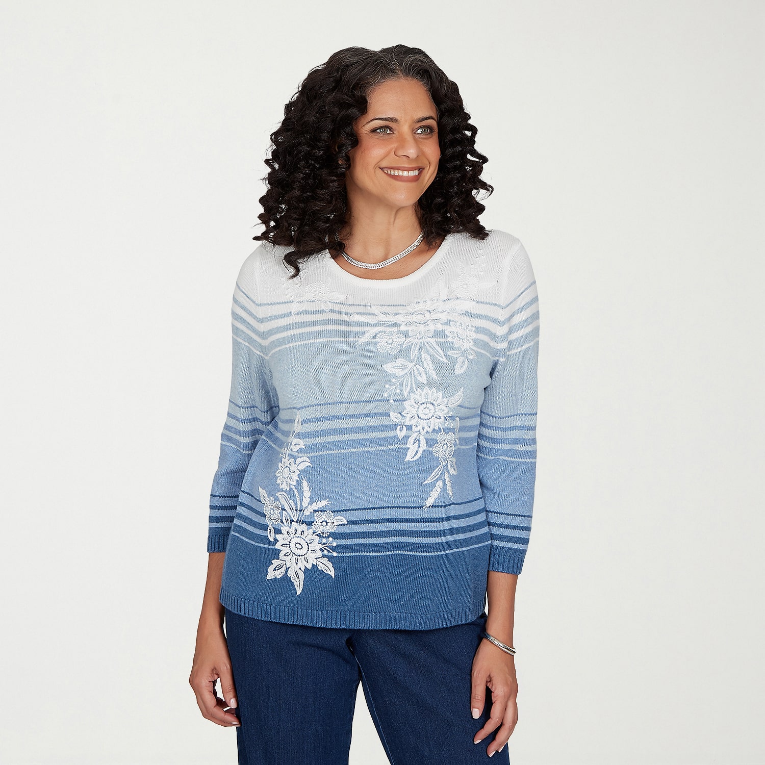Alfred Dunner Tuscany Womens Crew Neck 3/4 Sleeve Ombre Pullover Sweater