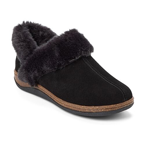 Clarks Women's Suede Ankle Boot Faux Fur Trim Slippers - Black