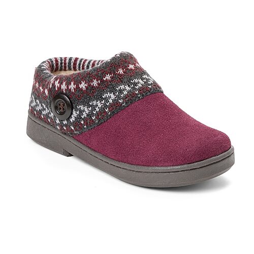 Clarks Women's Suede Clog With Fair Isle Sweater Knit Cuff and Wood Button Slippers - Burgundy