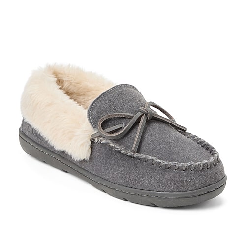 Clarks Women's Suede Moc With Leather Lacing and Faux Fur Trim Slippers - Burgundy