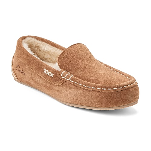 Clarks Women's Suede Driver Moc Memory-Foam Slippers - Cognac