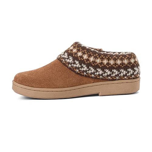 Clarks Women's Suede Clog With Fair Isle Sweater Knit Cuff and Wood Button Slippers - Cognac