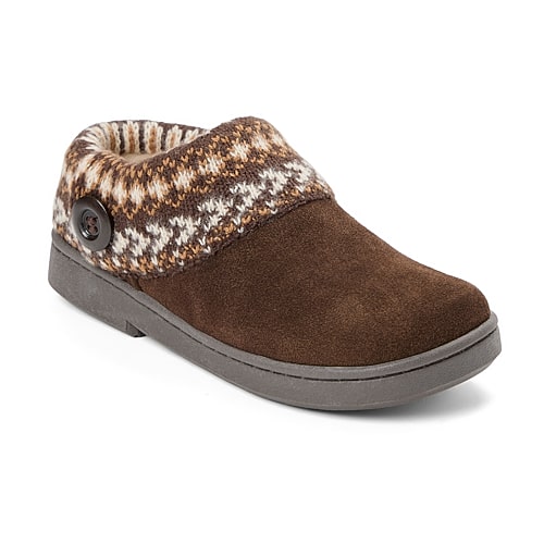 Clarks Women's Suede Clog With Fair Isle Sweater Knit Cuff and Wood Button Slippers - Chocolate