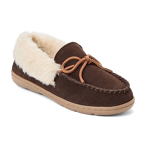 Clarks Women's Suede Moc With Leather Lacing and Faux Fur Trim Slippers - Chocolate