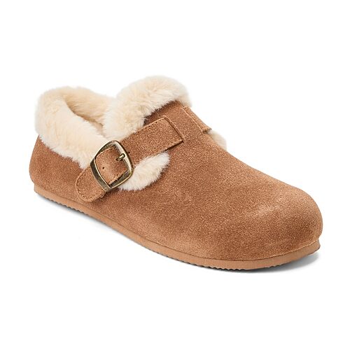 Clarks Women's Genuine Cow Suede Buckle Closed Back Slippers - Cognac
