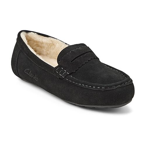 Clarks Women's Memory Foam Moccasin Penny Loafer Suede Slippers - Black
