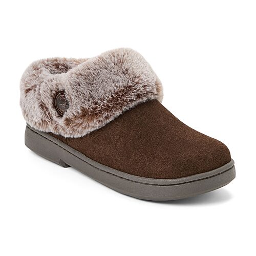 Clarks Women's Suede Clog With Tipped Faux Fur Cuff and Button Detail Slippers - Dark brown