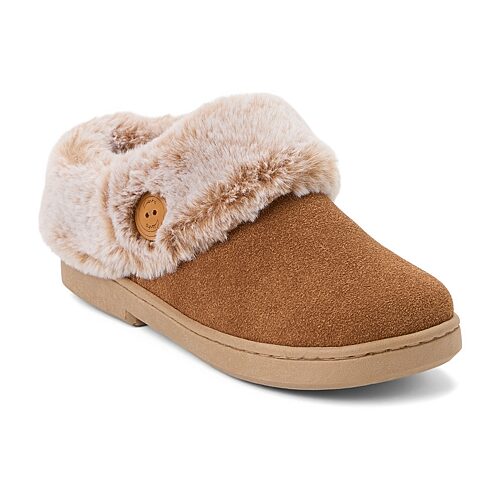 Clarks Women's Suede Clog With Tipped Faux Fur Cuff and Button Detail Slippers - Cognac
