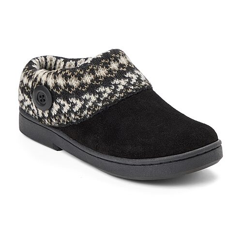 Clarks Women's Suede Clog With Fair Isle Sweater Knit Cuff and Wood Button Slippers - Black