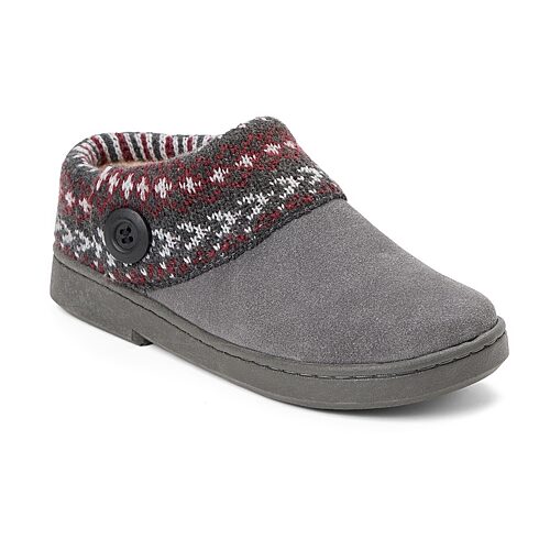 Clarks Women's Suede Clog With Fair Isle Sweater Knit Cuff and Wood Button Slippers - Sharkskin grey