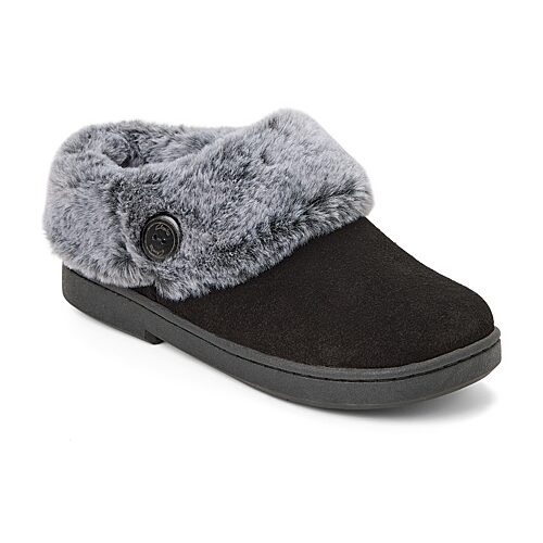 Clarks Women's Suede Clog With Tipped Faux Fur Cuff and Button Detail Slippers - Black