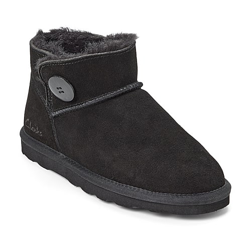 Clarks Women's Suede Memory Foam Boot Slippers with Wood Button Detail - Black