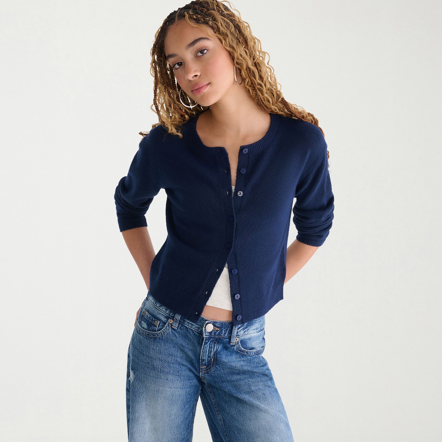 AEROPOSTALE Womens Round Neck Long Sleeve Button Juniors Cardigan