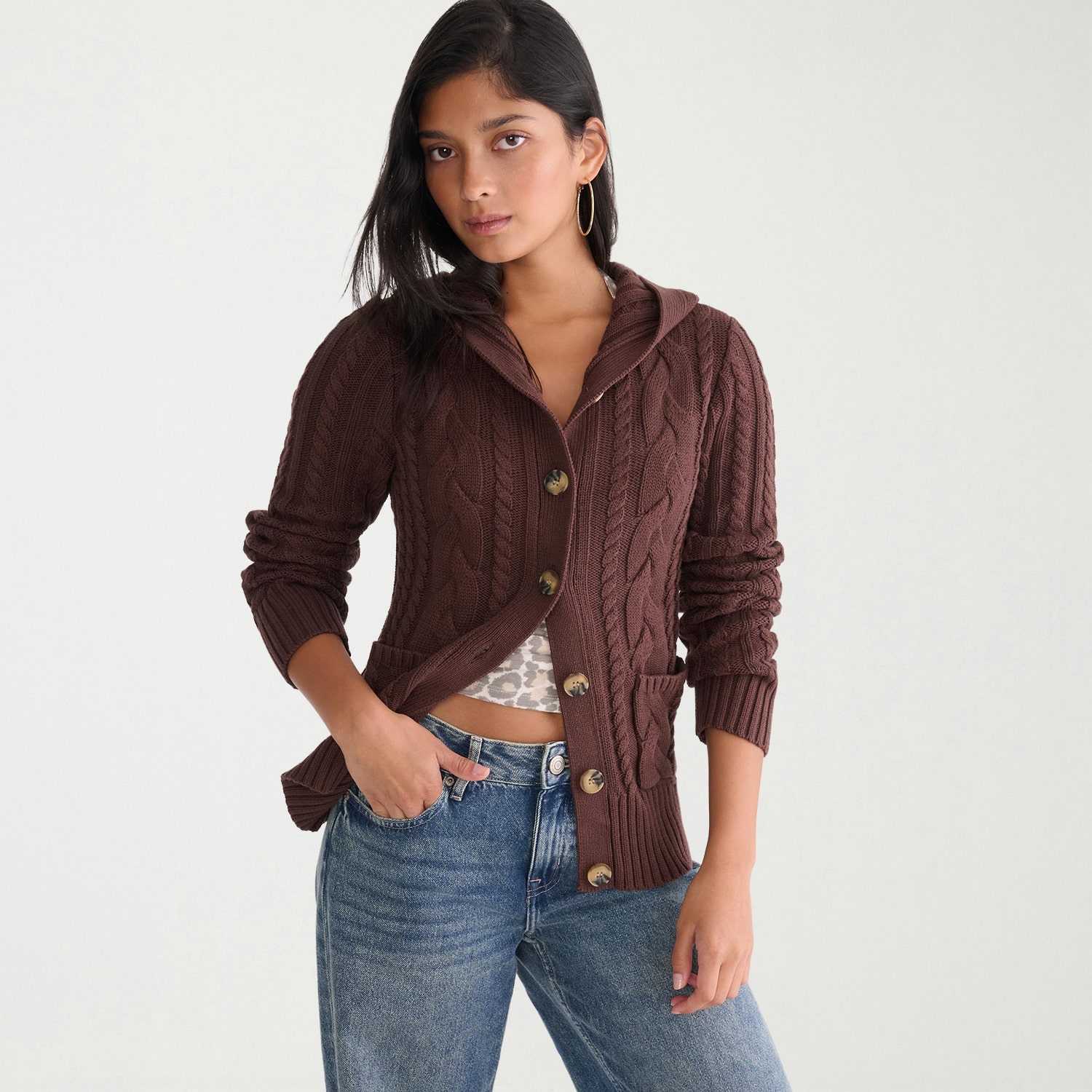 AEROPOSTALE Womens Hooded Long Sleeve Button Juniors Cardigan