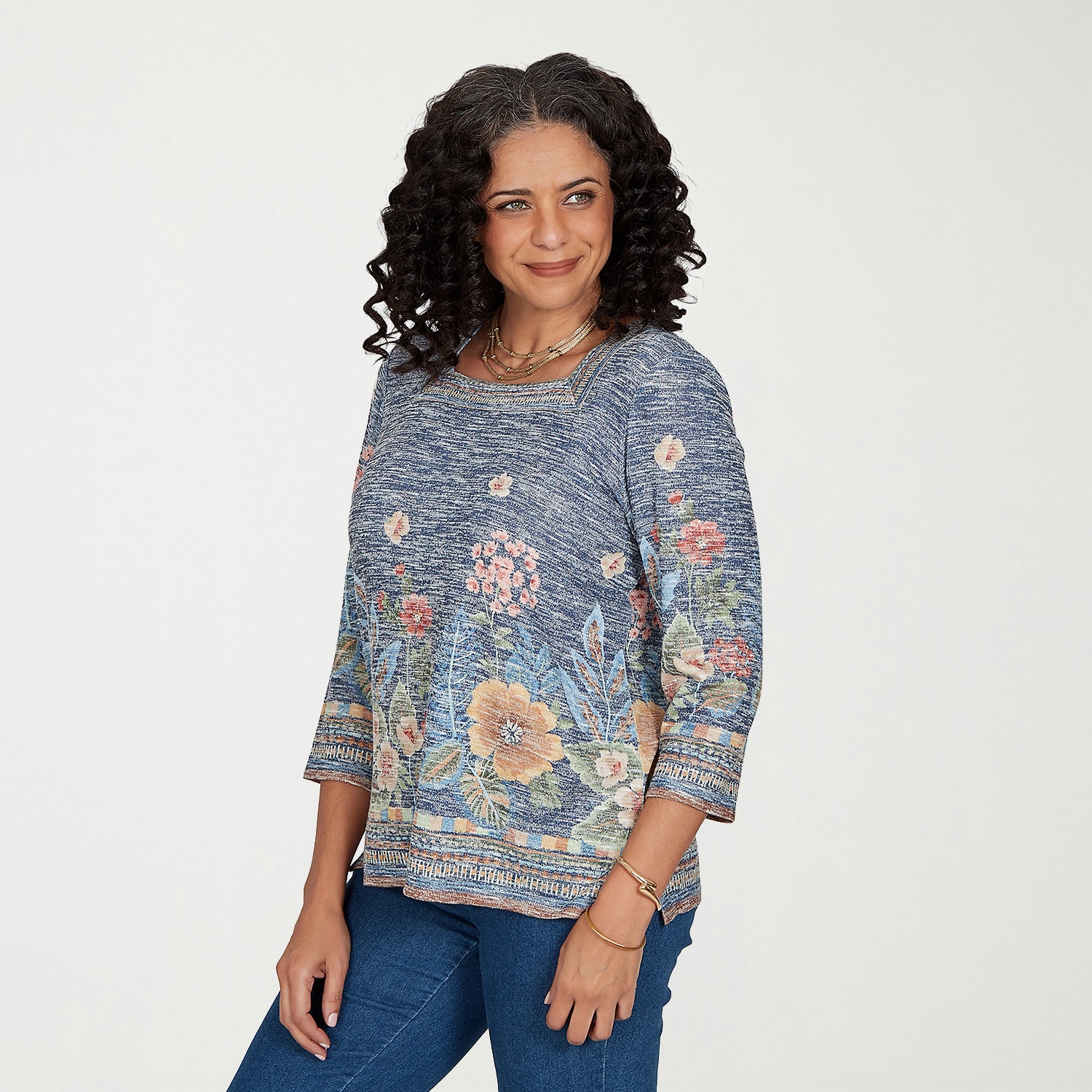 Alfred Dunner Tuscany Womens Square Neck 3/4 Sleeve T-Shirt