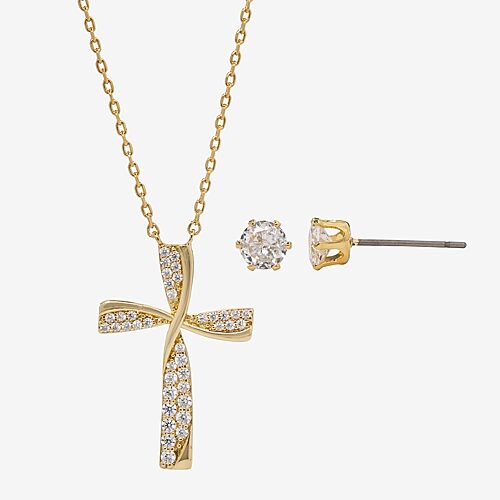 Sparkle Allure Womens Cubic Zirconia 14K Gold Over Brass Cross 2-pc. Jewelry Set, One Size, Yellow