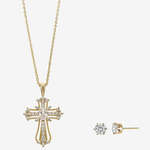 Sparkle Allure Womens Cubic Zirconia 14K Gold Over Brass Cross 2-pc. Jewelry Set, One Size, Yellow