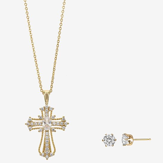 Sparkle Allure Womens Cubic Zirconia 14K Gold Over Brass Cross 2-pc. Jewelry Set