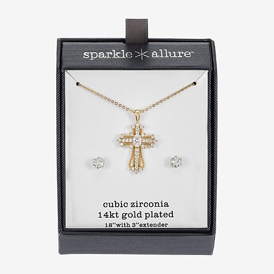 Sparkle Allure Womens Cubic Zirconia 14K Gold Over Brass Cross 2-pc. Jewelry Set