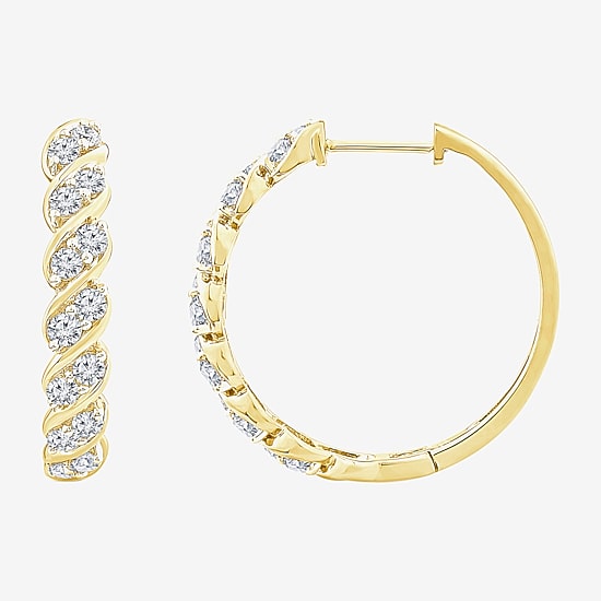 (F /Si2) Womens 1 CT. T.W. Lab Grown White Diamond 14K Gold Over Silver 25mm Hoop Earrings