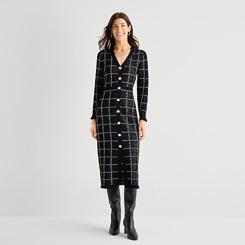 Studio 1 Womens Long Sleeve Checked Midi Sweater Dress In Black