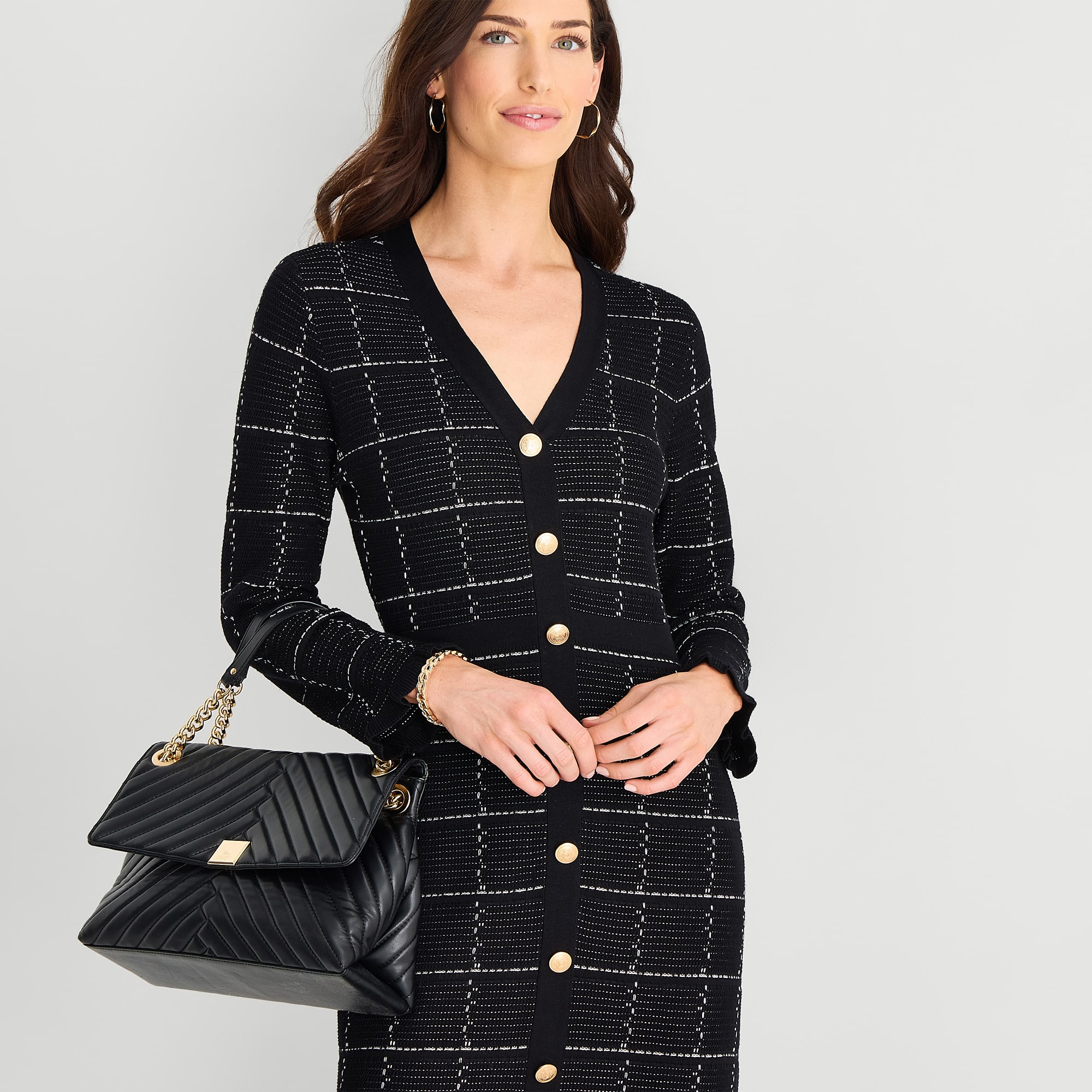 Studio 1 Womens Long Sleeve Checked Midi Sweater Dress