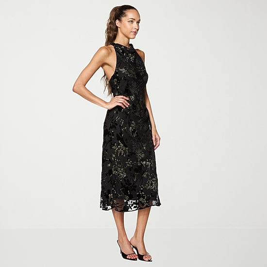 belle vie Womens Midi Halter Neck Sleeveless Velvet Sheath Dress