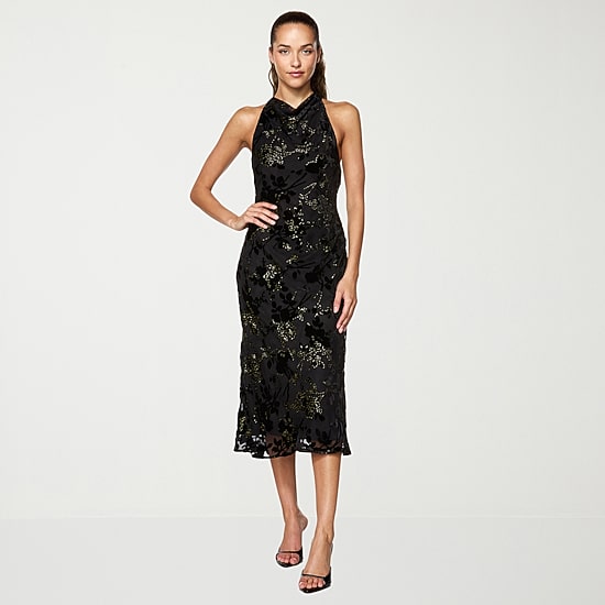 belle vie Womens Midi Halter Neck Sleeveless Velvet Sheath Dress