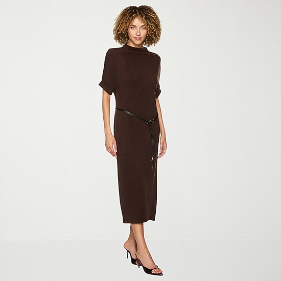 belle vie Womens Short Sleeve Belted Rib Knit Midi Sweater Dress