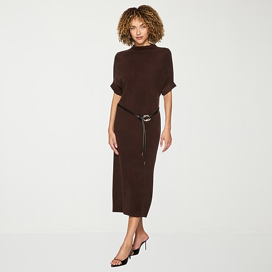 belle vie Womens Short Sleeve Belted Rib Knit Midi Sweater Dress