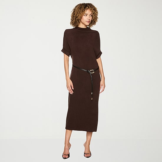 belle vie Womens Short Sleeve Belted Rib Knit Midi Sweater Dress