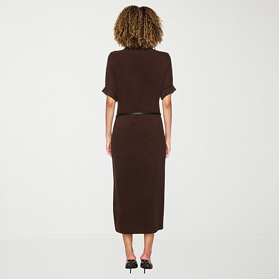 belle vie Womens Short Sleeve Belted Rib Knit Midi Sweater Dress