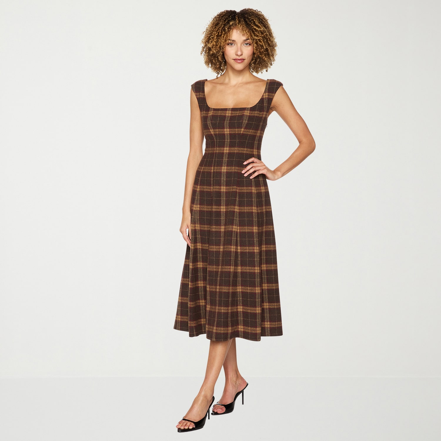 belle vie Womens Midi Square Neck Sleeveless Plaid Fit + Flare Dress