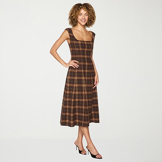 belle vie Womens Midi Square Neck Sleeveless Plaid Fit + Flare Dress