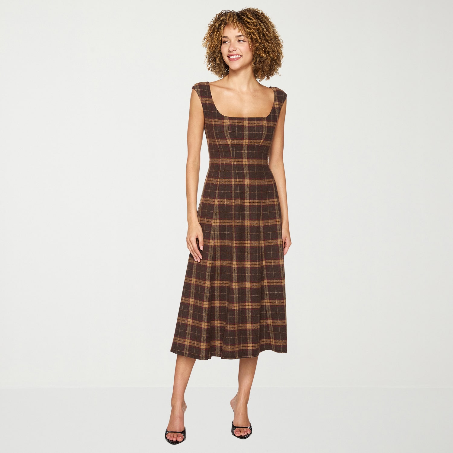 belle vie Womens Midi Square Neck Sleeveless Plaid Fit + Flare Dress
