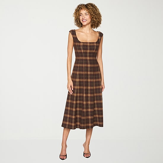 belle vie Womens Midi Square Neck Sleeveless Plaid Fit + Flare Dress